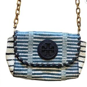 Tory Burch Blue and White Striped Leather Crossbody with Gold Chain-Python Print
